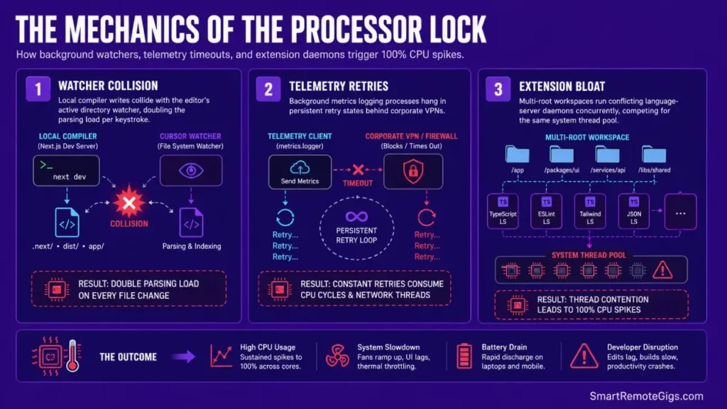 System diagnostic infographic showing how compiled file watchers, VPN telemetry retry loops, and concurrent extension daemons cause high Cursor CPU usage.