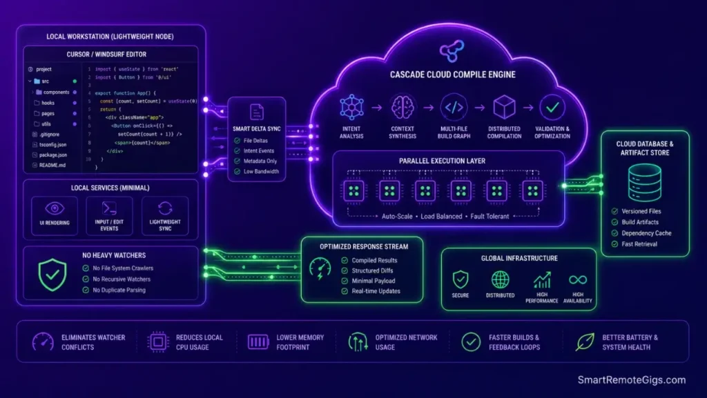 Abstract system design illustration depicting a lightweight developer workstation offloading intensive context parsing tasks to a cloud-compiled engine.