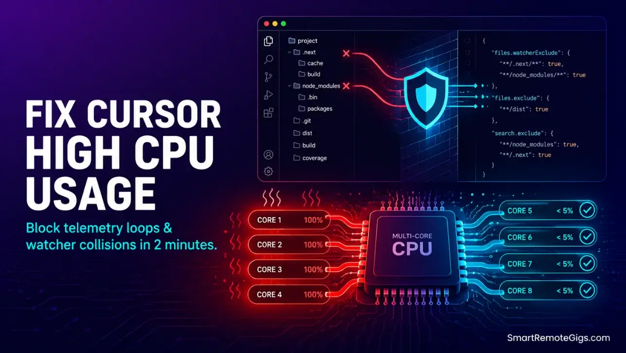 Cursor high CPU usage: Premium SaaS editorial graphic depicting a cooling multi-core CPU chip transitioning from crimson heat to cyan data streams.