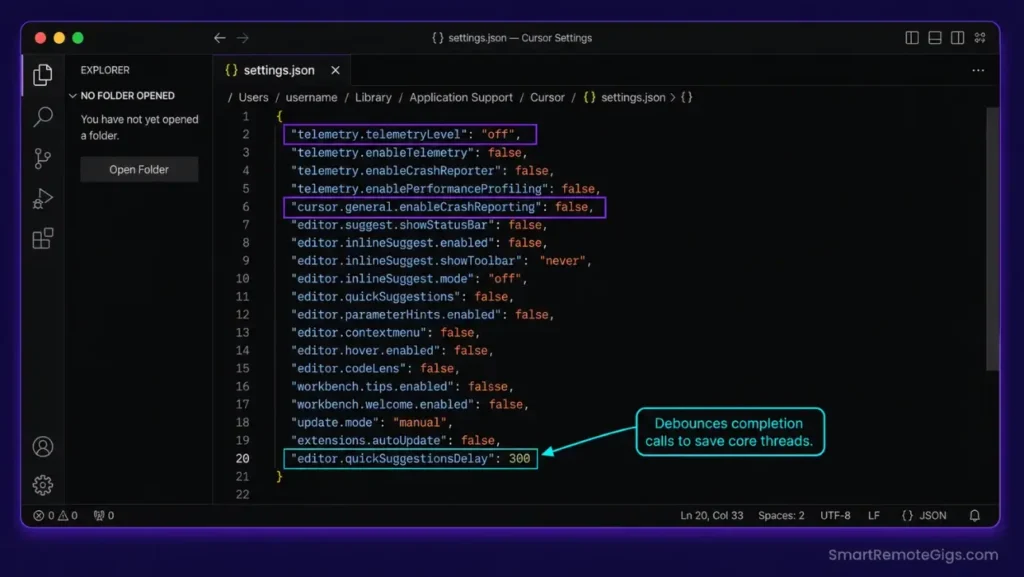 Annotated settings.json screenshot displaying keys to completely disable telemetry logging and enable keystroke debounce delays inside Cursor.