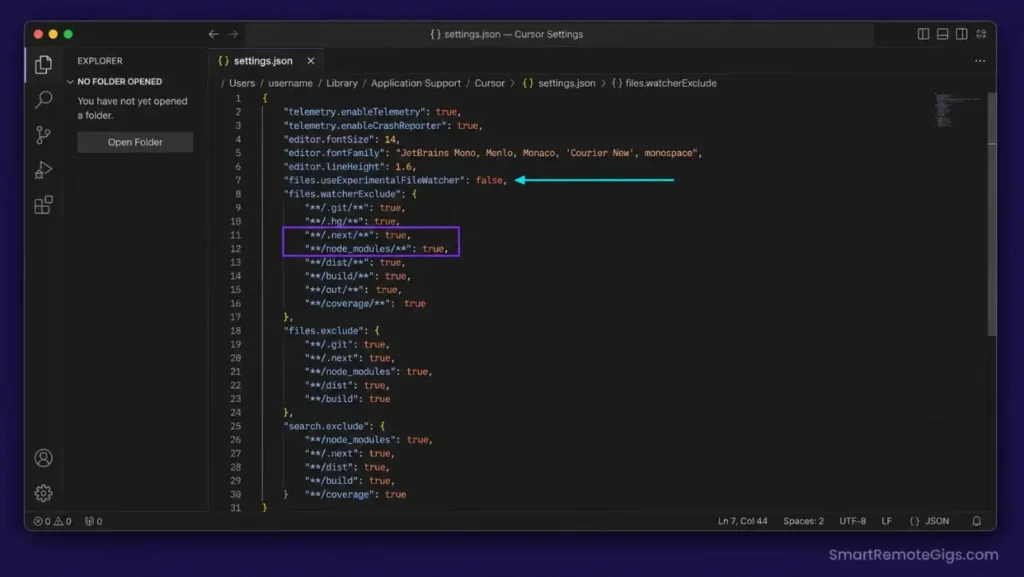 Annotated screenshot of user settings.json in Cursor highlighting strict files.watcherExclude parameters designed to drop CPU load.