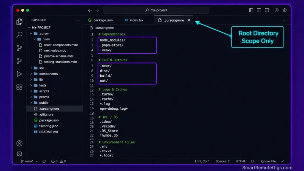 Annotated screenshot of the Cursor editor displaying a root-level .cursorignore configuration with dependency and build directory exclusions highlighted.