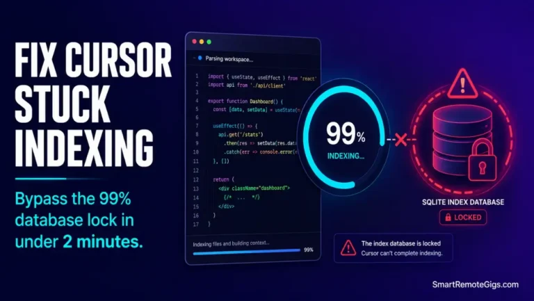 Cursor stuck indexing: Premium SaaS editorial graphic representing a circular progress dial frozen at 99 percent and a locked SQLite database.