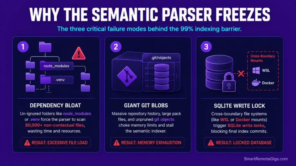 Diagnostic infographic detailing the three primary root causes of Cursor indexing freezes: dependency bloat, large git histories, and SQLite write locks.
