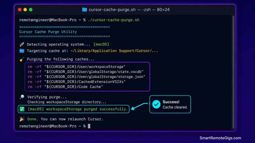 Screenshot of a terminal window executing our custom bash script to force-delete the editor's corrupted local SQLite workspaceStorage cache folders.