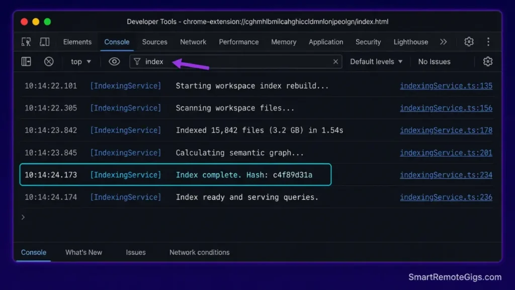 Screenshot of the Cursor Developer Tools Console displaying the filtered IndexingService output indicating a complete and successful codebase index rebuild.