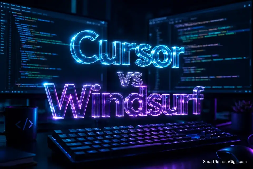 3D cinematic rendering of the text Cursor vs Windsurf highlighting the 2026 benchmark for the best AI code editor.