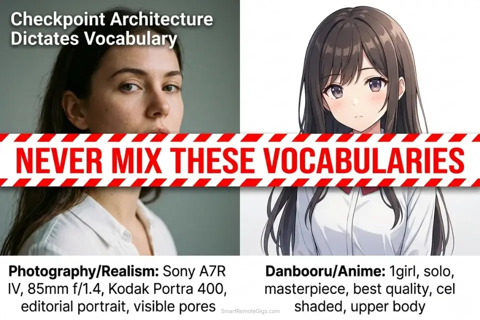 Infographic comparing photorealistic camera terminology against Danbooru illustration tags for Stable Diffusion anime models.