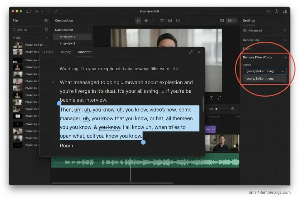 A screenshot of the Descript AI interface demonstrating text-based filler word removal and strike-through editing for podcasters.