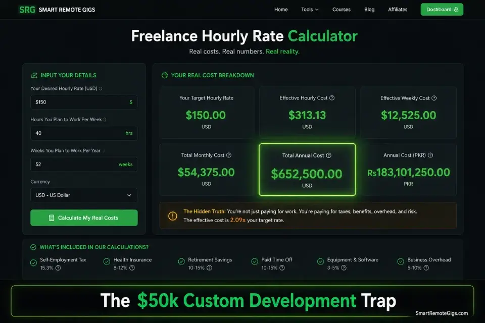 Real screenshot of the SRG Freelance Hourly Rate Calculator proving the developer cost savings of no code vs low code.