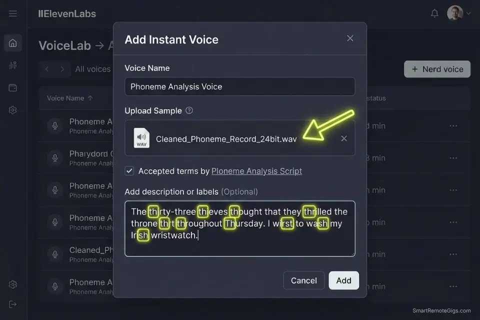 Screenshot of ElevenLabs VoiceLab interface uploading a 24-bit WAV file and a phoneme-heavy script for accurate voice cloning.