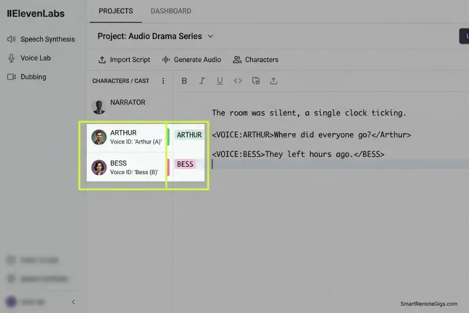 Screenshot of the ElevenLabs Projects interface showing multi-voice character assignments for an AI audiobook generator.
