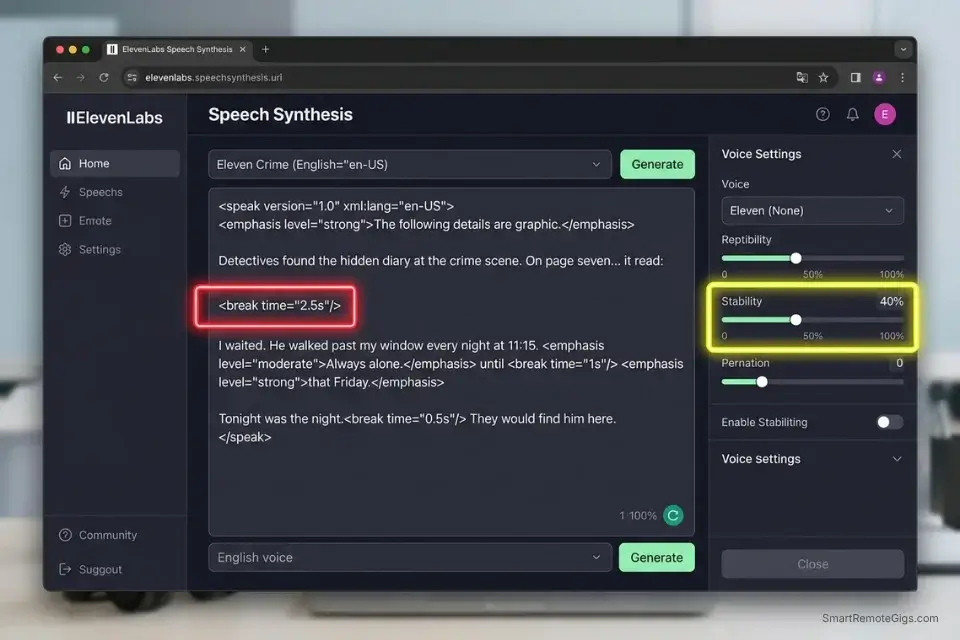 Screenshot of ElevenLabs UI, the top AI voice generator for true crime YouTube channels, showing SSML break tags and 40% stability settings.