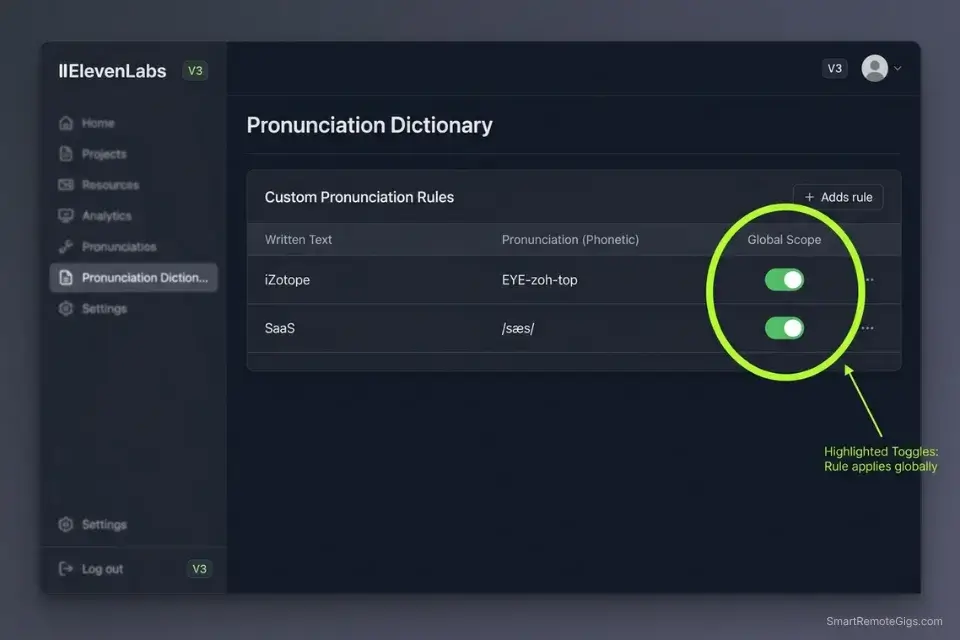 Screenshot of the ElevenLabs V3 pronunciation dictionary showing custom IPA phonetic mapping for technical brand acronyms.