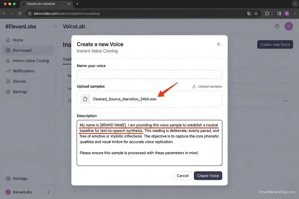 Screenshot of ElevenLabs VoiceLab showing the upload of a cleaned 24-bit WAV file and a neutral calibration script for an AI voice cloning guide.