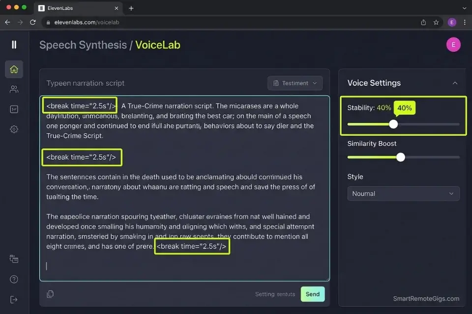 Screenshot of the ElevenLabs UI, ranked as the best AI voice generator for true crime, showing stability sliders set to 40 percent and SSML break tags.