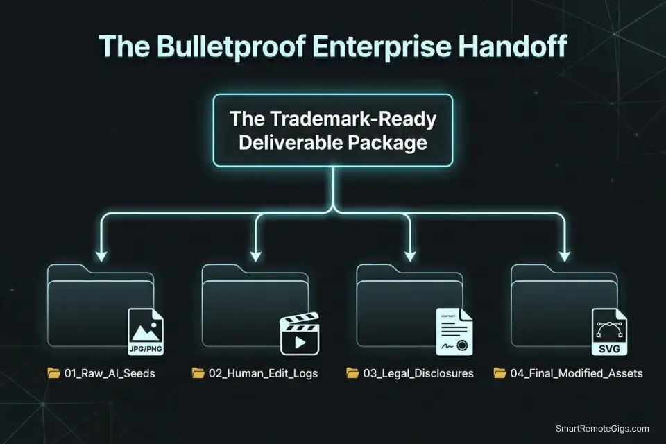 Diagram showing the legally compliant folder structure for delivering AI-assisted assets to enterprise clients, including raw seeds and legal disclosures.