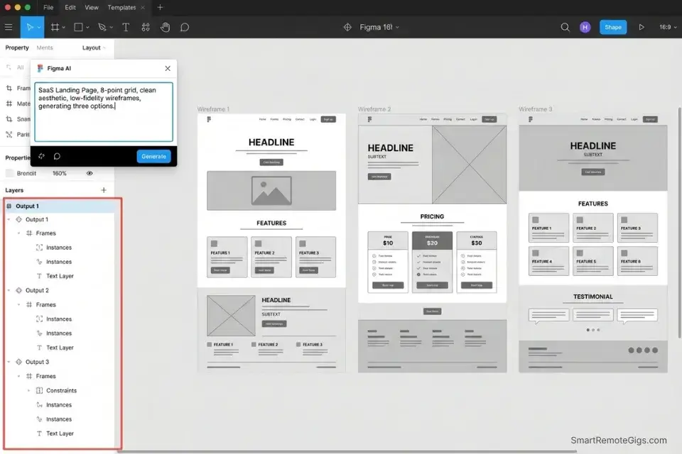 A screenshot of the Figma AI interface generating structured, auto-layout wireframes for freelance UI/UX designers.
