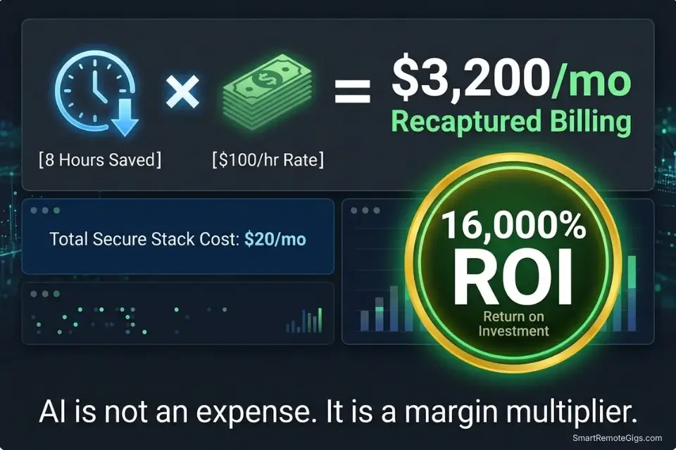 Financial infographic calculating the $3,200 monthly return on investment for consultants using AI for financial analysis workflows.