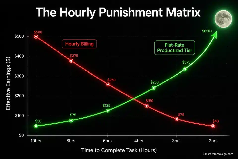 Data chart demonstrating why hourly billing punishes efficiency and why you must productize freelance services into flat-rate tiers.