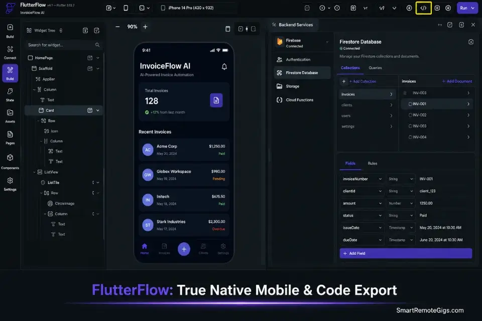 Real screenshot of FlutterFlow's mobile canvas and Firebase integration evaluating the best no code ai builders.