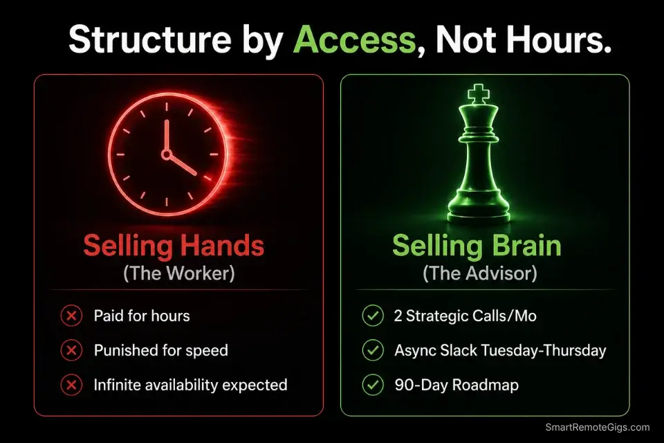 Infographic comparing traditional hourly freelance work to a high-ticket fractional advisory freelance retainer package.