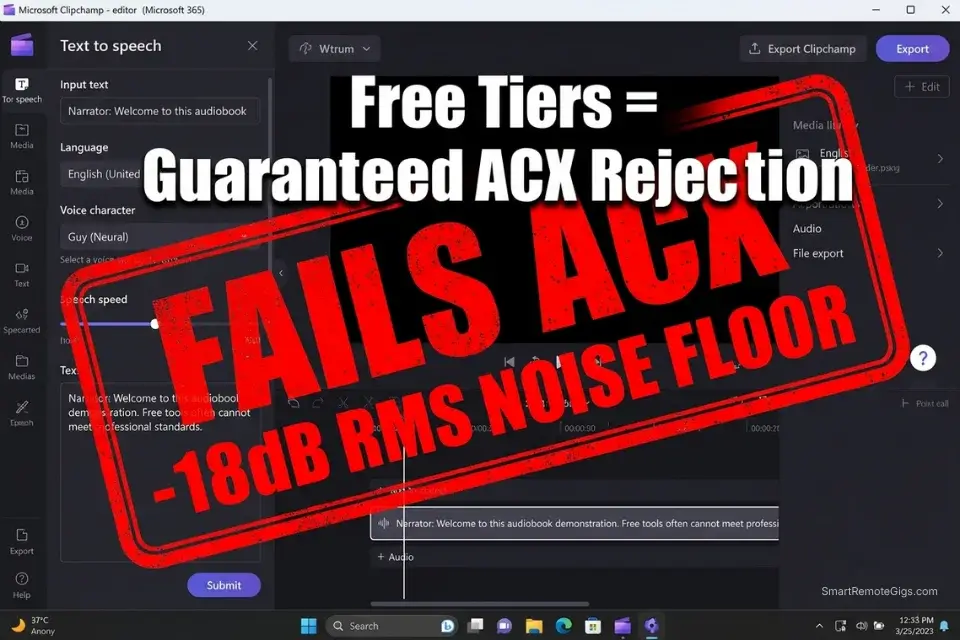 Screenshot of the Clipchamp free text to speech interface with a warning that free tools fail ACX audiobook compliance checks.