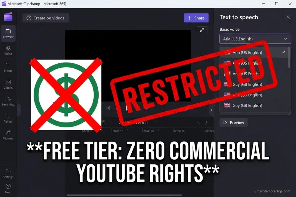 Screenshot of the Clipchamp text-to-speech interface, warning creators that free AI voice tools lack commercial YouTube monetization rights.