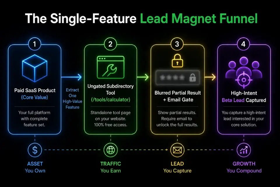Infographic diagram showing how to extract a feature to build a free tool lead magnet for micro saas marketing.
