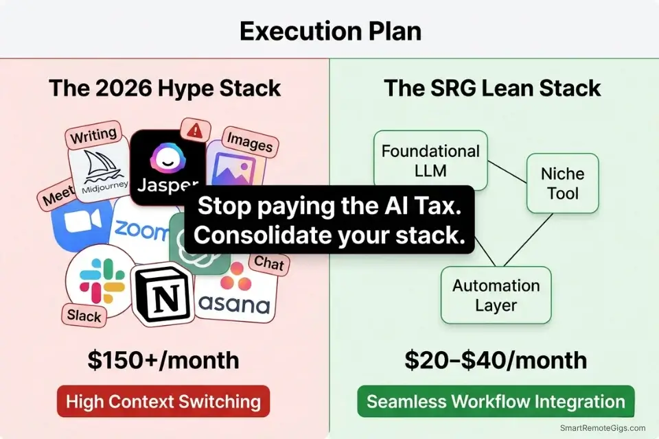 Infographic comparing the expensive 15-tool AI hype stack against a lean, high-ROI workflow of the best AI tools for freelancers.