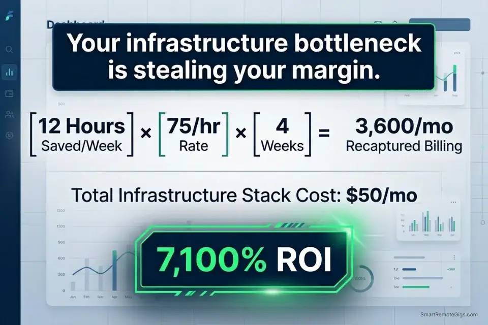 Financial calculation infographic showing how freelance copywriters use AI infrastructure to recover $3,600 a month in billable capacity.
