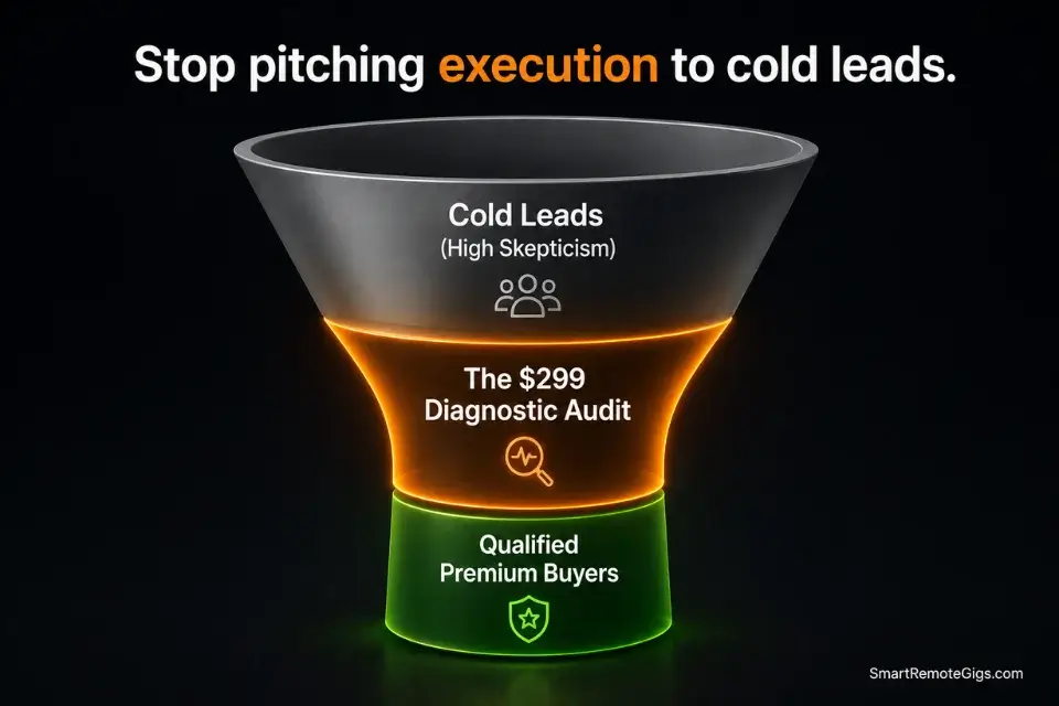 A funnel diagram demonstrating how to use a paid diagnostic audit to filter cold leads at the bottom of your freelance value ladder.