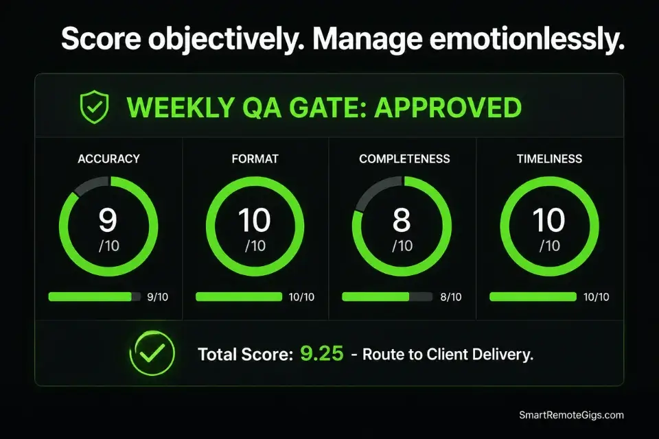 A visual representation of an institutional QA scorecard used to grade subcontractor deliverables objectively.