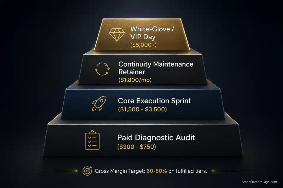 The four-tier productized freelance service value ladder, from entry-level audits to premium VIP days.