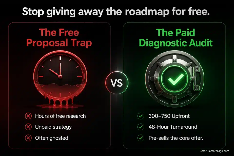 Infographic comparing the traditional free freelance proposal to a paid diagnostic audit when you productize freelance services.