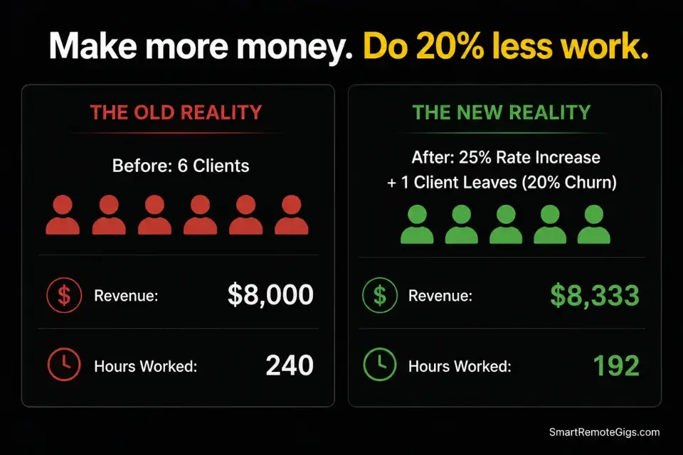 A data infographic proving the math of freelance churn, showing how raising rates by 25 percent offsets losing 20 percent of your clients.