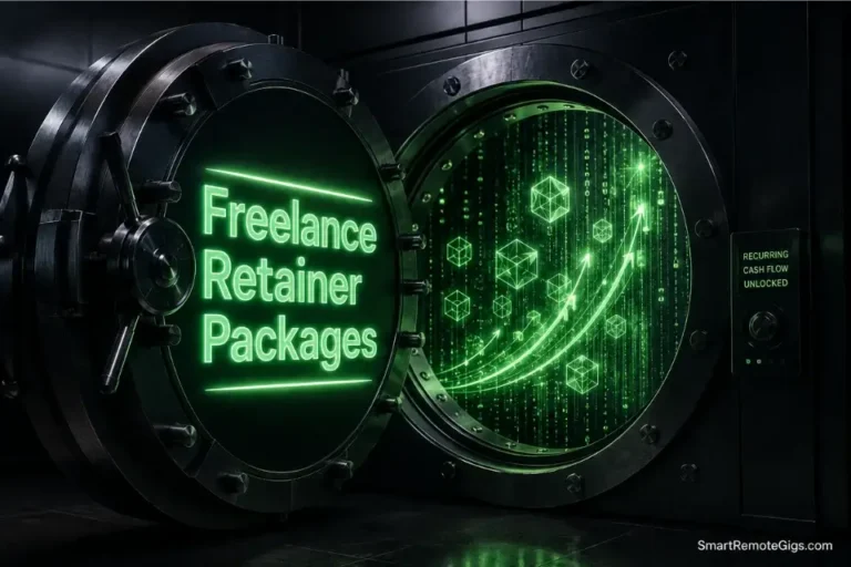 Cinematic 3D illustration of a futuristic vault unlocking, representing how to secure steady monthly recurring revenue with freelance retainer packages in 2026.