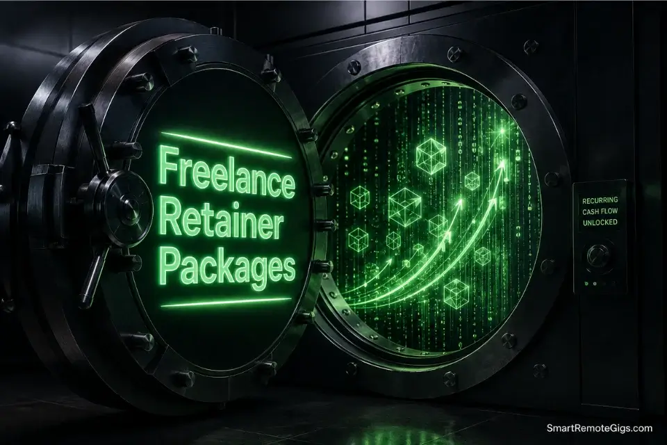 Cinematic 3D illustration of a futuristic vault unlocking, representing how to secure steady monthly recurring revenue with freelance retainer packages in 2026.