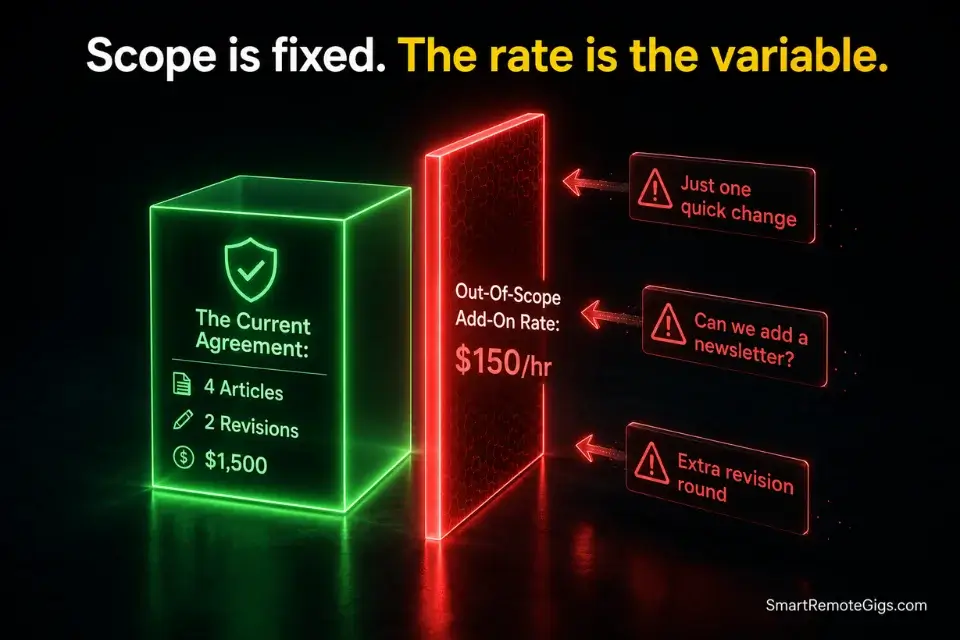 Diagram illustrating how to build strict scope boundaries and charge premium out-of-scope add-on rates to stop freelance scope creep.