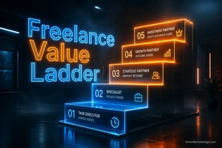Cinematic 3D illustration of illuminated ascending steps, representing how to build a freelance value ladder to double client lifetime value in 2026.