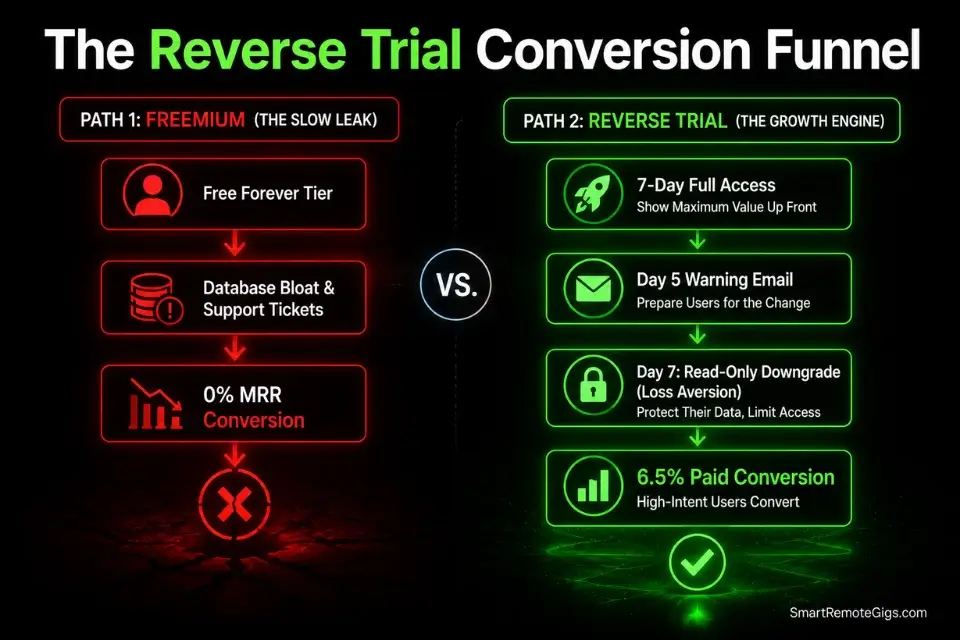 Flowchart comparing freemium vs 7-day reverse trials for optimizing how to price a micro saas.