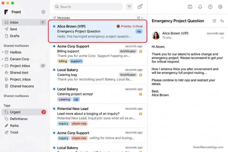 A screenshot of the Front shared inbox using AI routing rules to automatically tag and prioritize freelance client emails.