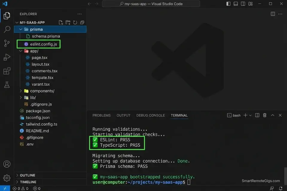 Screenshot of GitHub Copilot and a Bash script successfully scaffolding a validated Next.js 14 repository in the terminal.