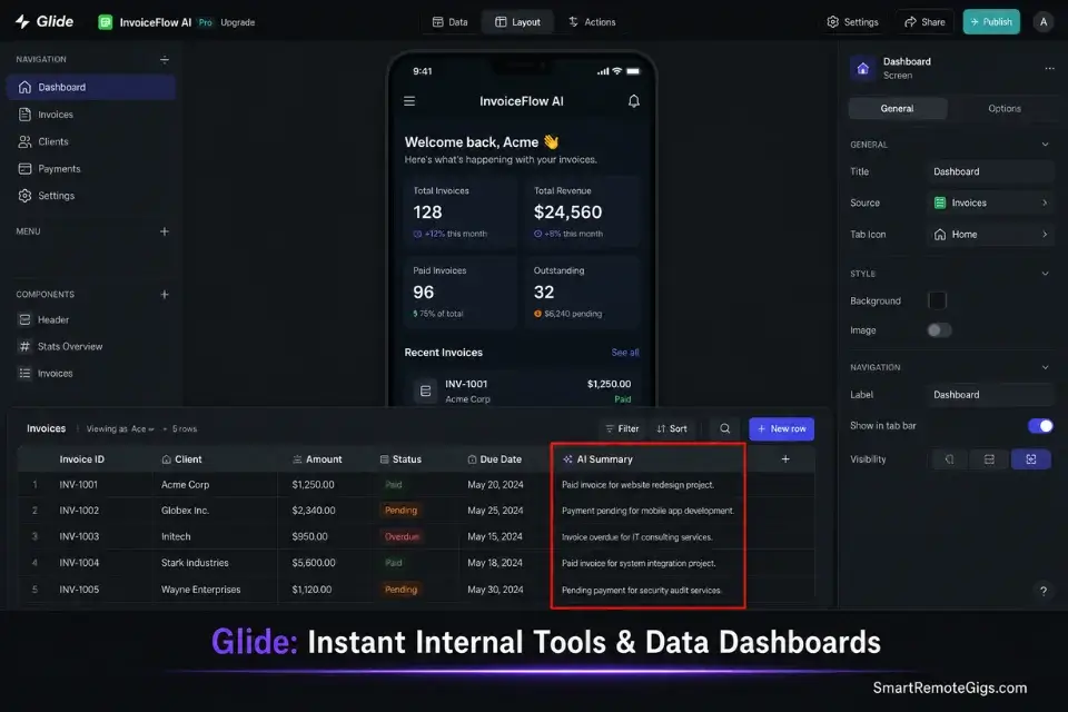 Real screenshot of Glide Apps data editor, featured as one of the best no code ai builders for internal team tools.