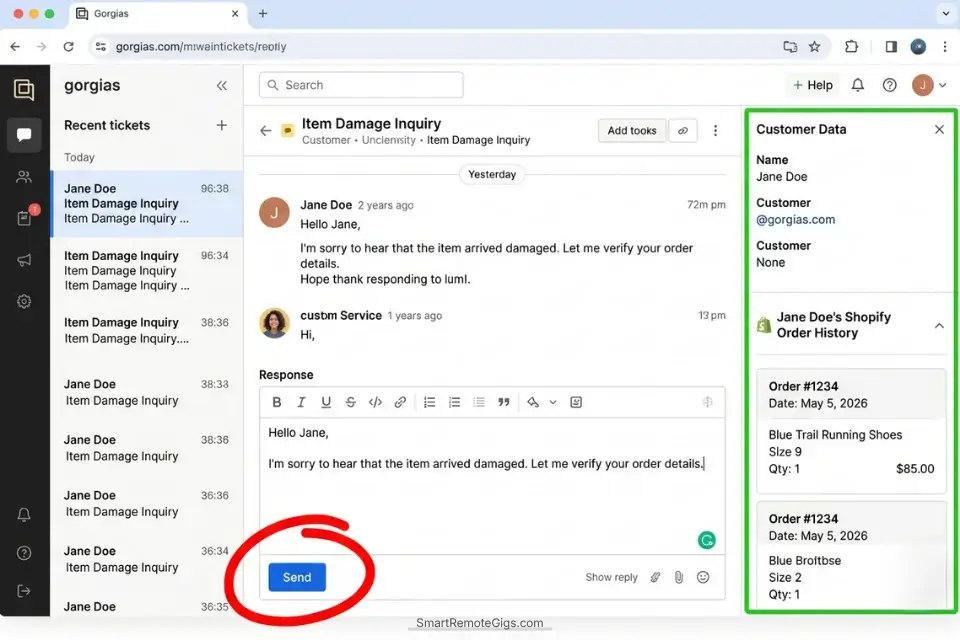 A screenshot of the Gorgias interface auto-drafting an e-commerce refund denial using live Shopify data and AI.
