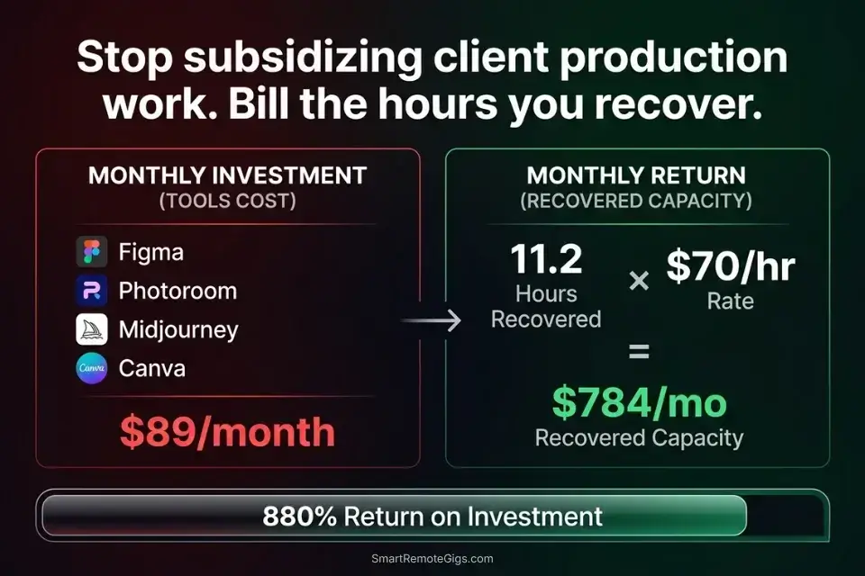 Financial infographic calculating the return on investment for freelance graphic designers using a premium AI design software stack.