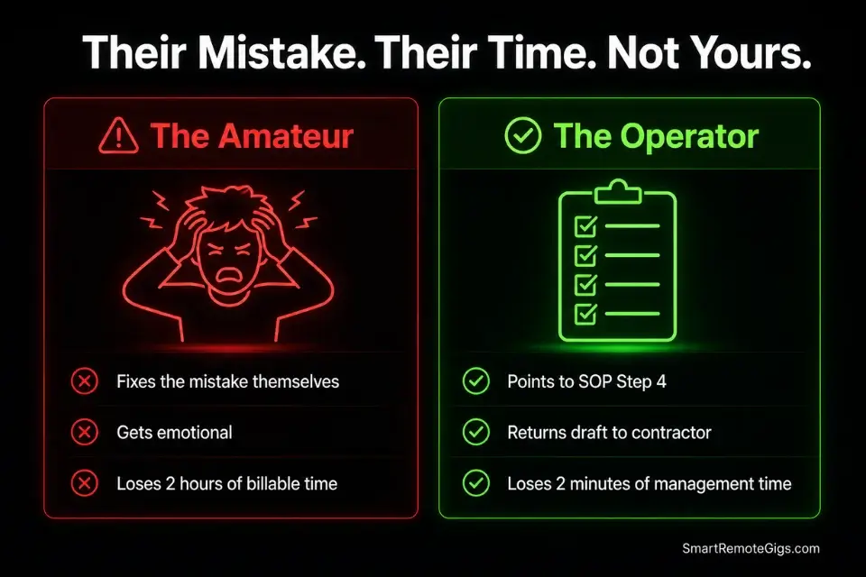 Infographic comparing the wrong way and right way to handle subcontractor mistakes when outsourcing freelance work.