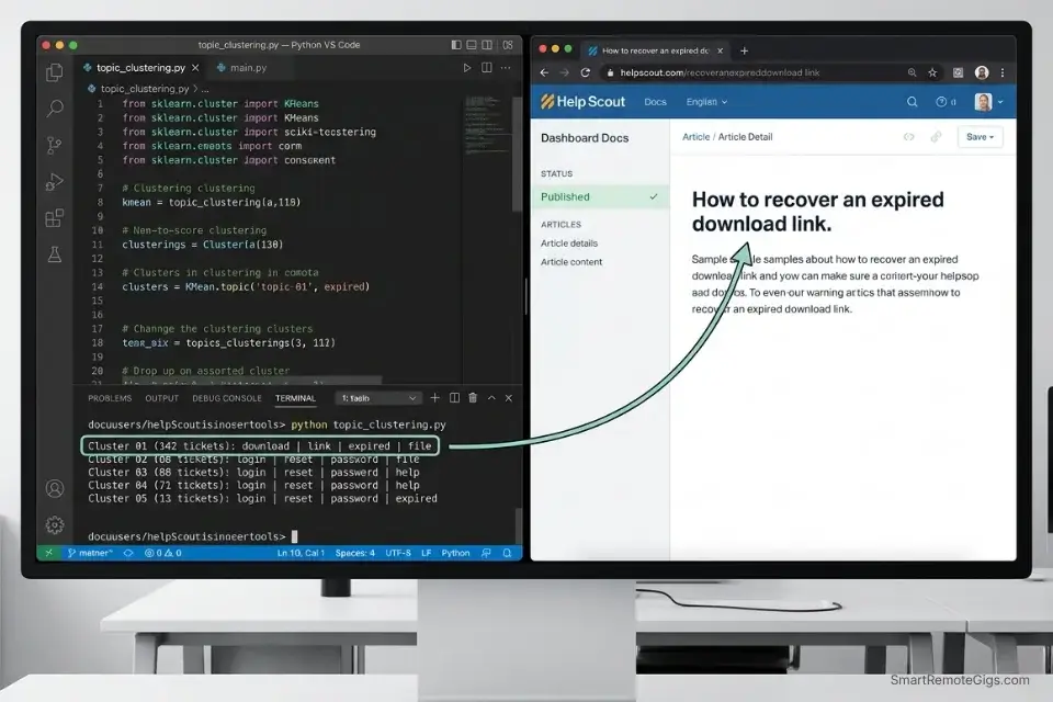 Split-screen showing Python NLP clustering of support tickets automatically driving the creation of Help Scout Docs knowledge base articles.