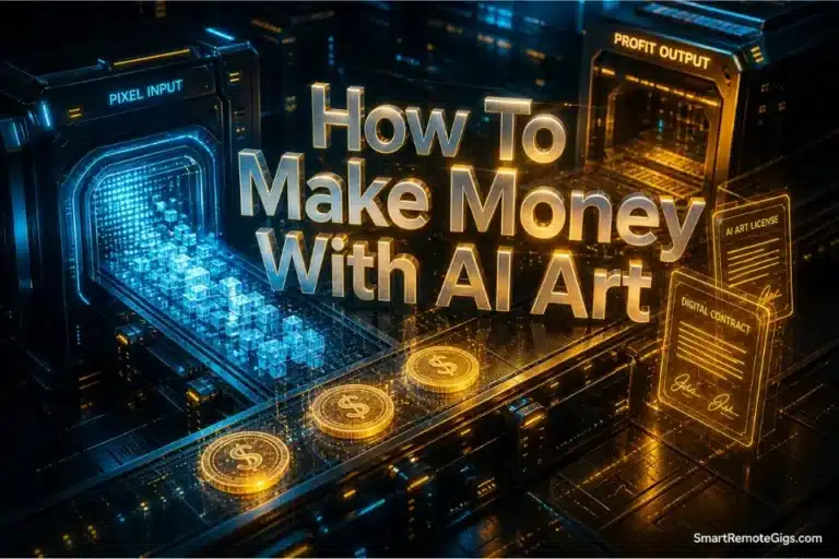3D glowing text reading How To Make Money With AI Art hovering over a futuristic assembly line turning digital assets into revenue.