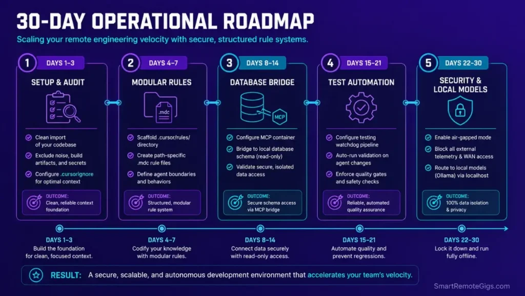 30-day timeline roadmap outlining setup, modular rule configuration, MCP DB integration, and test automation phases.